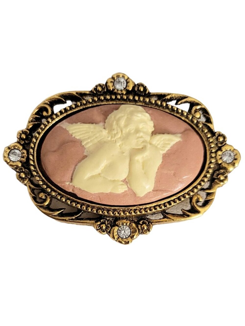The Vatican Library Collection Angel Cherub Faux Cameo Rhinestone Oval Brooch